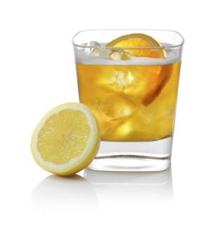 Cocktail in a tumbler on ice with half a slice of orange and half a lemon as garnish against a