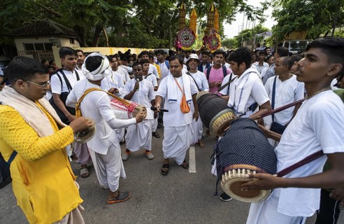 Hindu devotees takes part in Rath Yatra religious procession Guwahati, India on June 27, 2025. Rath