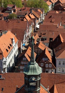View from the town church tower over the roofs of the historic old town with its four hundred