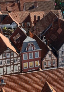 View from the town church tower over the roofs of the historic old town with its four hundred