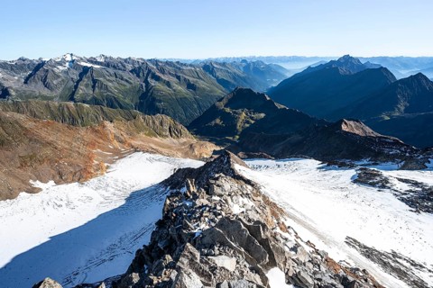 Mountain panorama at the Wilder Freiger summit, picturesque high mountain landscape with rocky