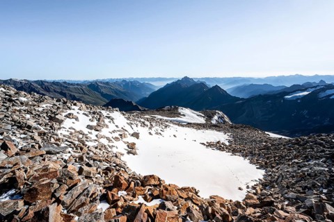Mountain landscape with snow and mountain panorama, view towards Gschnitztal and Stubai Valley, at