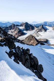 Snow on the Wilder Freiger mountain peak, picturesque high mountain landscape, view of the