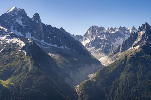 Mountain peak Grandes Jorasses and glacier Mer de Glace of the Mont Blanc massif,