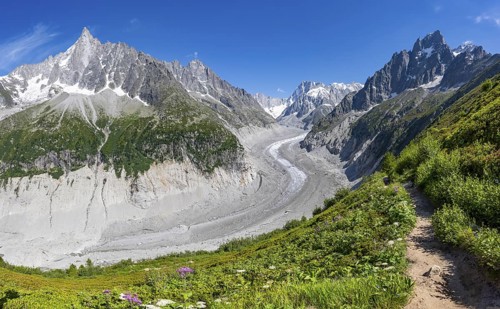Picturesque mountain landscape with blooming alpine roses, imposing mountain peaks and glaciers,