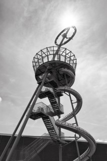 Slide, Vitra Slide Tower made of steel with viewing platform and large clock, monochrome, sunbeams,