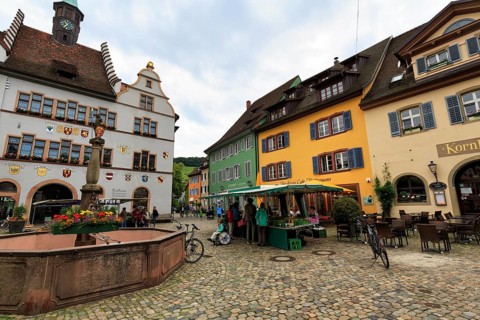 Market stall, market square in Staufen im Breisgau, Germany