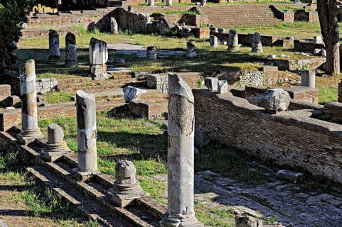 Remains of columns, foundation walls, streets, ruins of the forum in the archaeological site of