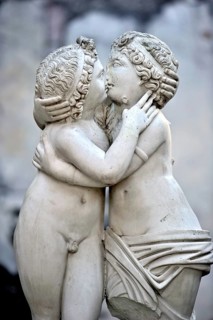 Statue of Love and Psyche, man and woman kissing, naked couple, stone carving in marble, excavation