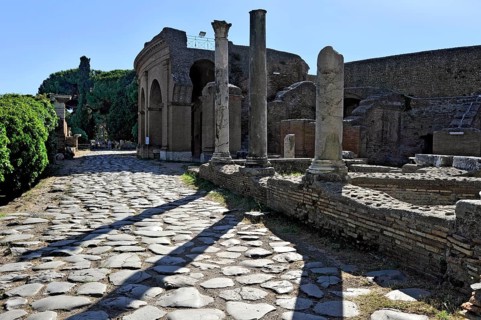 Ancient pavement of the main street Decumano Massimo, Roman theatre, columns, remains, ruins,
