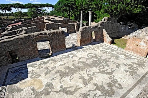 Ruins with mosaics on the floor of the Terme di Nettuno, thermal baths of the sea god Neptune,
