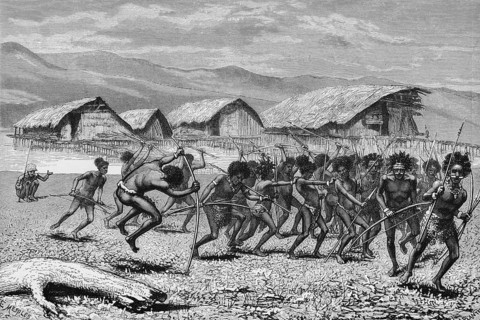 Papua village, group of natives, weapons, bow and arrow, warriors, pile dwellings, wooden houses by