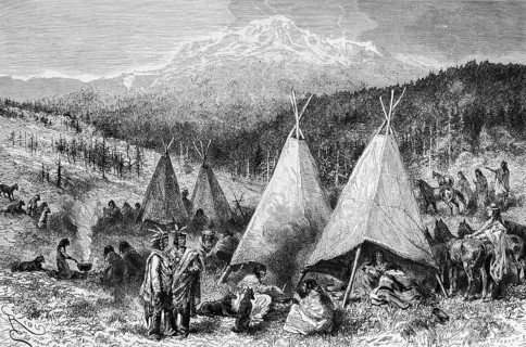 Indian camp, feather jewellery, traditional traditional costume, yurt tents, fireplace, preparing