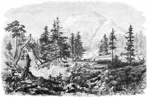 Popocatépetl volcano or Popocatepetl wild mountain landscape, conifers, houses, people, Mexico,