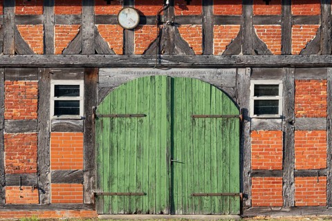 View of a barn door of an old farmhouse, Half-timbered, Historical, Böhme, Heidekreis, Rethem