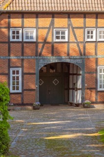 View of the entrance area of a farmhouse, Half-timbered, Historic, Frankenfeld, Heidekreis, Bad