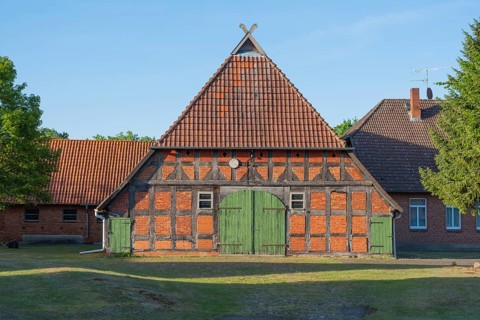 View of an old farm building, Half-timbered, Historical, Böhme, Heidekreis, Rethem Aller, Leine