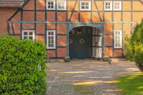View of the entrance area of a farmhouse, Half-timbered, Historic, Frankenfeld, Heidekreis, Bad