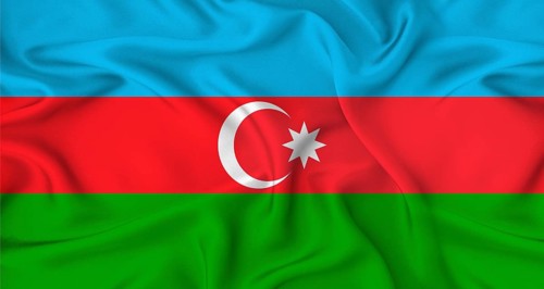 Realistic Azerbaijan flag waving. Close up of flag of Azerbaijan with cloth texture