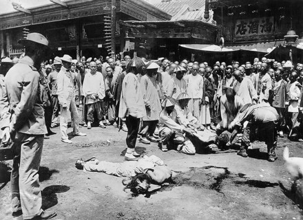 Boxer Rebellion China, execution of Chinese during the Boxer War. A Chinese man is beheaded in