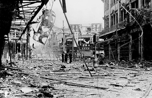 Bombed-out street in Shanghai, China, 1937 Photograph of a street in Shanghai destroyed by bombs