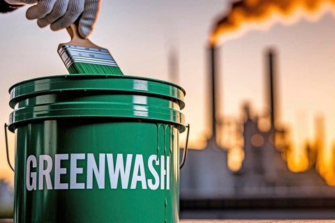 Gloved hand stirs Greenwahs paint beside a smoking factory. A stark critique of corporate pollution