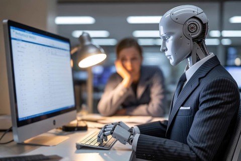 Humanoid robot in suit working on computer in office as human watches. AI replacing human labor