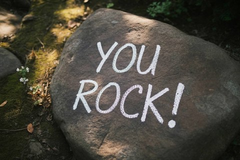 Top view close-up of a rough grey rock in a forest setting, featuring You rock! handwritten in