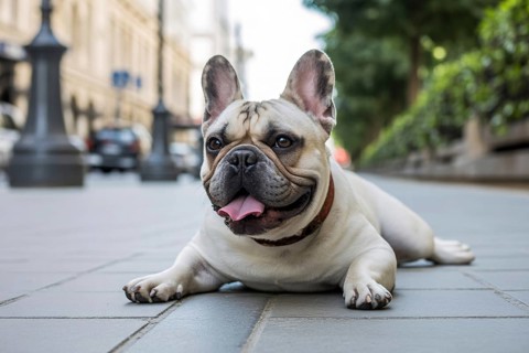 French bulldog lying on pedestrian walk, panting heavily in summer heat. Concept of overheating and