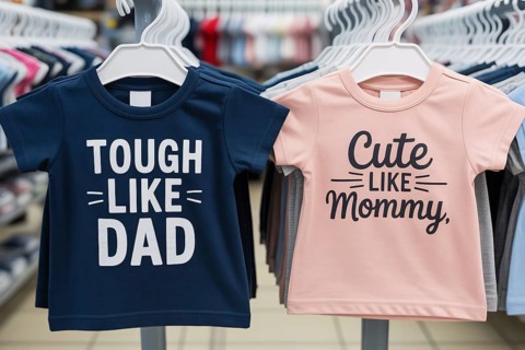 Pink and blue children's shirts with stereotypical text, concept for early gender norms and