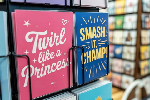 Pink and blue birthday greeting cards on a rack. Gender stereotypes and societal expectations