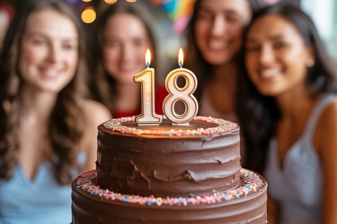 Chocolate birthday cake with golden 18 candle. Celebration scene marks the milestone of adulthood
