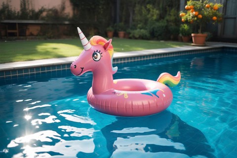 Pink unicorn pool float drifting in sunny tropical pool. Playful summer scene captures leisure,
