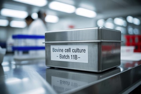 Metal canister labeled Bovine cell culture Batch 11b in laboratory. Concept for lab-grown meat