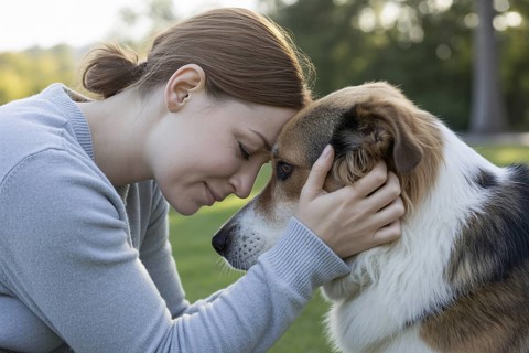 Woman holding her dog with foreheads touching. Tender moment of emotional connection between human