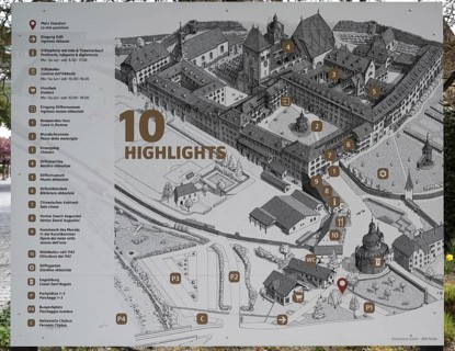 Information and overview board of the Neustift St Margarethen monastery, Vahrn, district of Bozen,