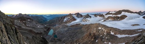Panorama at sunrise, high mountain landscape, view of blue glacial lakes, mountain peaks