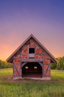 View of grasses and an open half-timbered barn standing on a pasture in the sunset, meadow, spring,