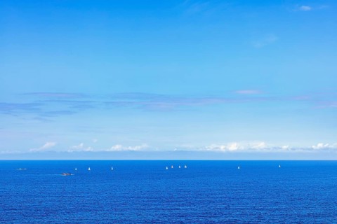 Sea view towards the horizon with sailboats sailing on the blue sea a sunny summer day, Crozon