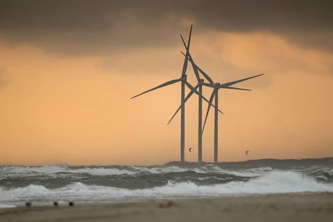 Waves, surf, beach, kite surfers, large wind turbines, wind turbines, evening mood, Hvide Sande,