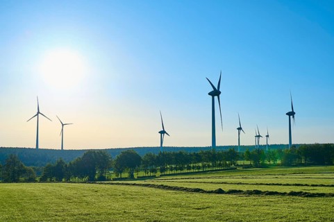 Wind turbines stretch under a sunny sky over a green landscape, summer, Rohren, Monschau, Eifel,
