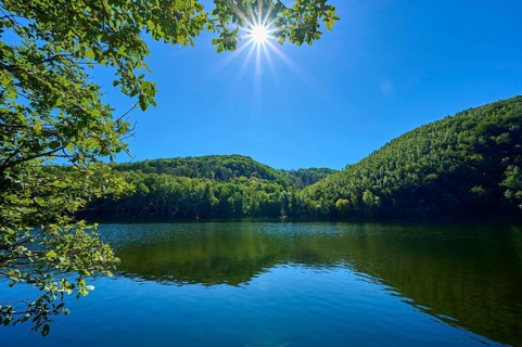 Sunbeams over a calm lake in the middle of a green forest with blue sky, summer, Rursee, Obersee,