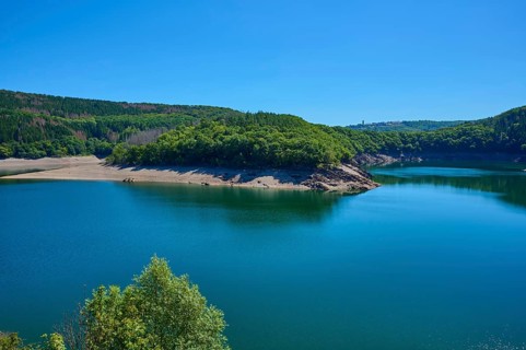 View of a lake with wooded shores and hills under a clear blue sky, summer, Urft dam wall, Obersee,