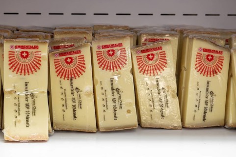 Sales shelf Emmentaler cheese AOP 20 months