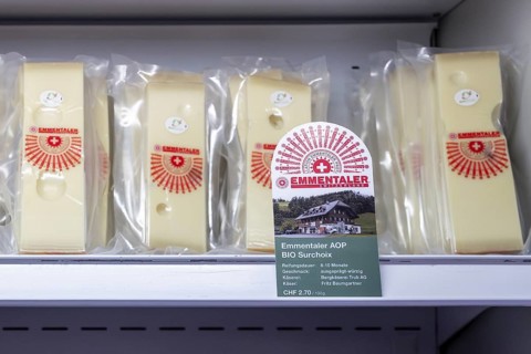 Sales shelf Emmentaler cheese AOP organic Surchoix