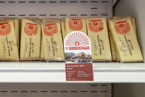 Sales shelf Emmentaler cheese AOP extra