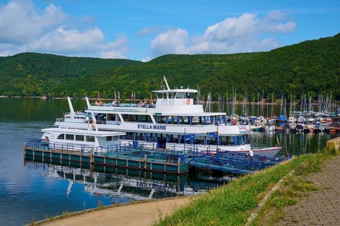 Passenger ship Stella Maris and boats in the harbour, summer, Rursee, Rurtalsperre, Heimbach,