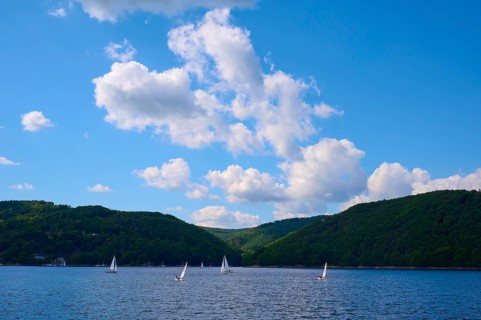 Several sailing boats sailing on a large lake between wooded hills under a blue sky, summer,