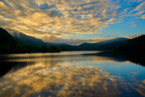 Reflection of clouds on a calm lake at dusk, summer, Rursee, Obersee, Rurberg, Simmerath, Eifel