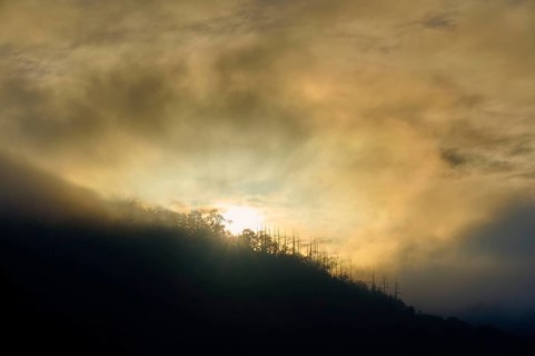 Sunset behind mountains, surrounded by fog and clouds, summer, Rursee, Obersee, Rurberg, Simmerath,
